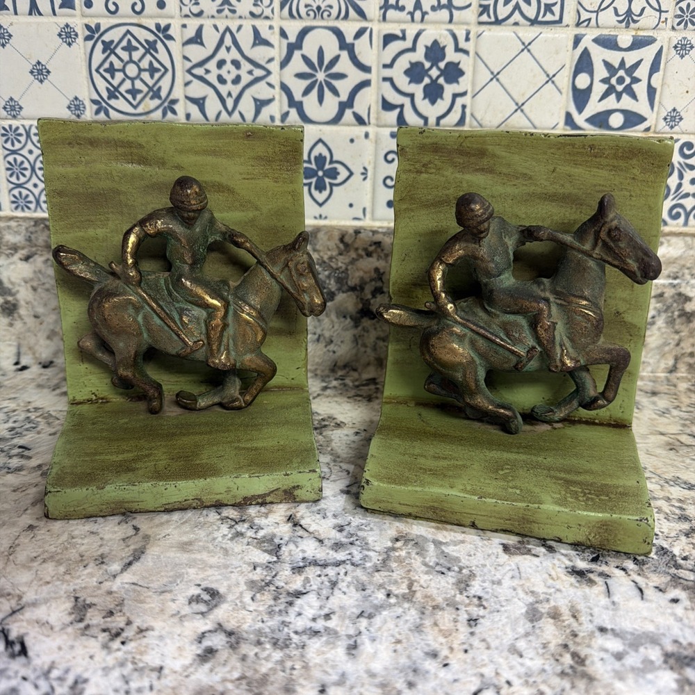 Pair c.1930s Art Deco Polo Player Heavy Cast Metal Gilt Bookends – Verdigris